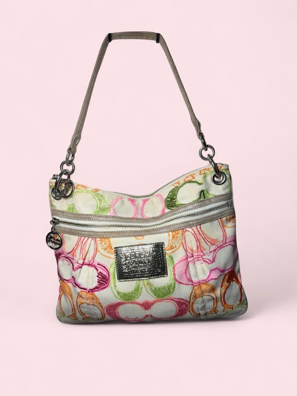 Coach Multicolor Canvas Shoulder Bag in Green, Pink, Orange